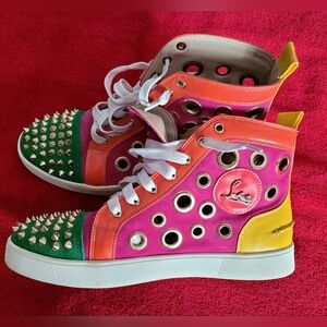 Christian Louboutin Multicolor Suede and Leather Bubble Spikes High-Top Sneakers